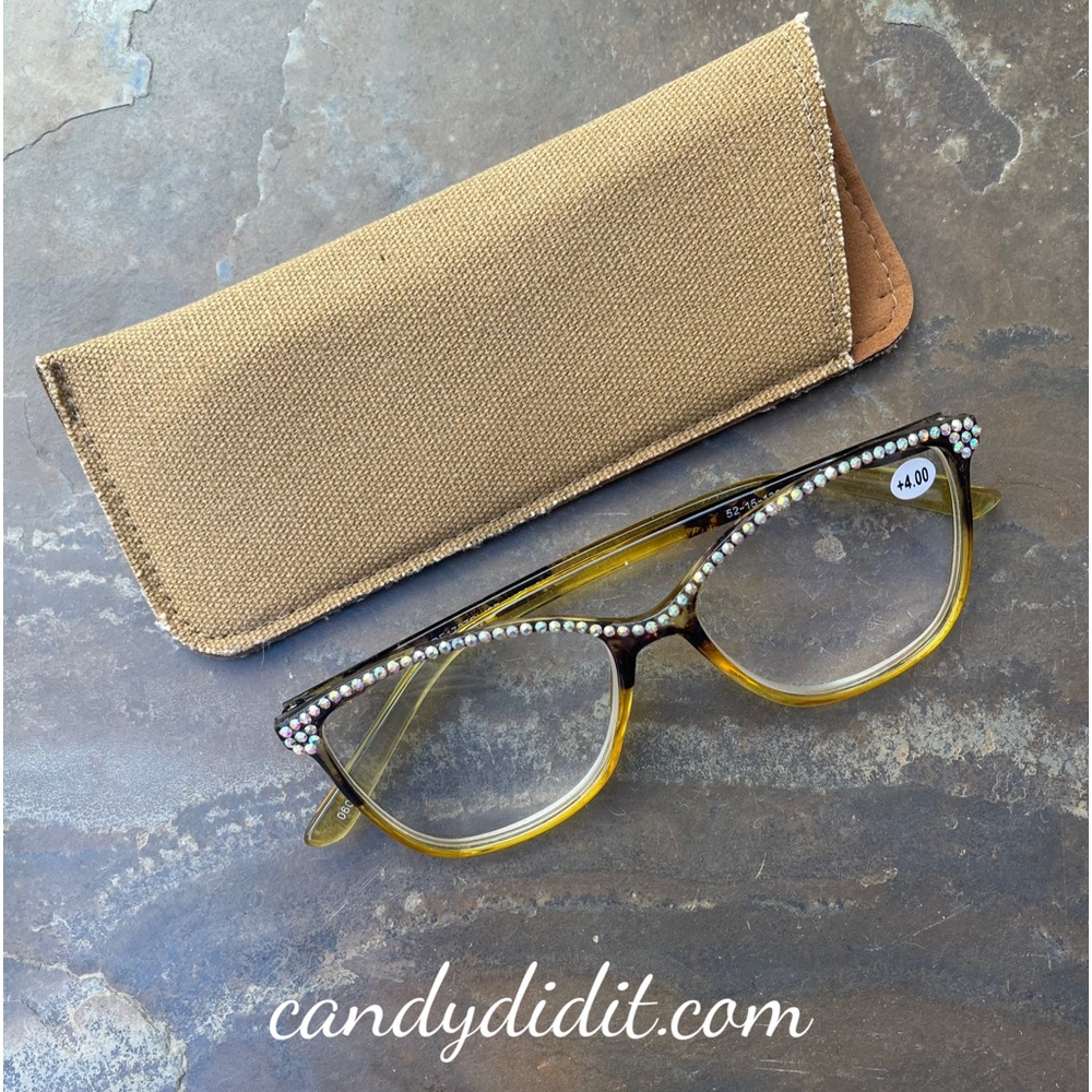 NWT Candy Did It! Handmade Amber & Black Crystal Bling Reader Glasses 4.00 STG